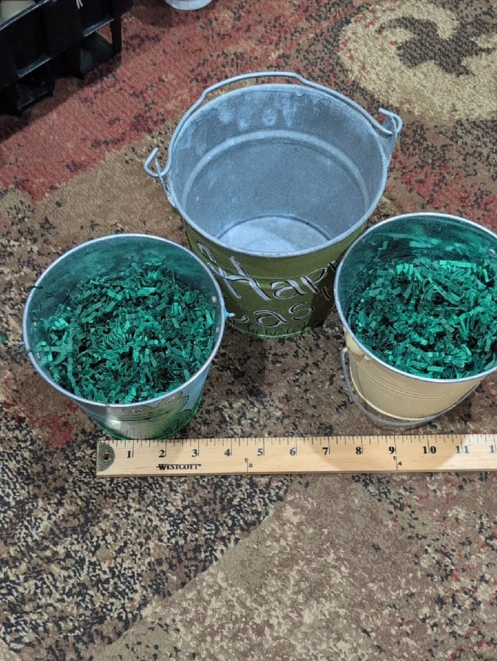 Hand-Painted Metal Buckets - Yellow, Green, Light Blue - Set Of 3